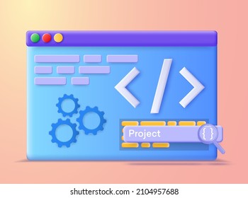 Website programming and coding. 3d Programming software engineering IT technologies. The developer code icon in the computer window. The development window with the code. Vector illustration