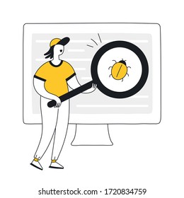 Website programming and coding. Bug finding and fixing, debugging, web development, software testing metaphor. Developer with a magnifier. Flat thin line vector illustration on white background.