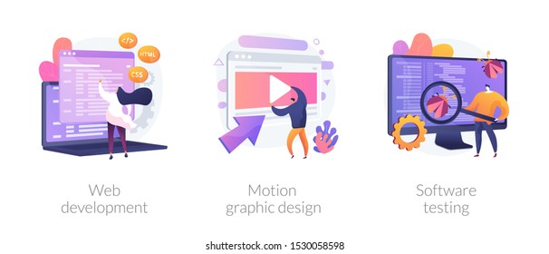 Website programming and coding. Computer animation designer. Bug fixing. Web development, motion graphic design, software testing metaphors. Vector isolated concept metaphor illustrations