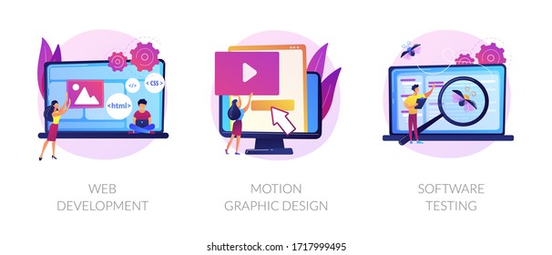 Website Programming And Coding. Computer Animation Designer. Bug Fixing. Web Development, Motion Graphic Design, Software Testing Metaphors. Vector Isolated Concept Metaphor Illustrations