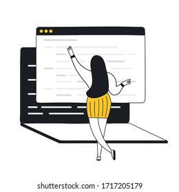 Website programming and coding concept. Cartoon woman in front of laptop display editing lines of code. Web development, software testing and bug fixing. Flat line vector illustration on white