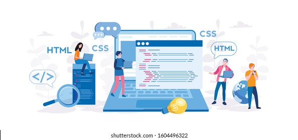 Website programming and coding. HTML CSS, Vector illustration for web banner, infographics, mobile. 