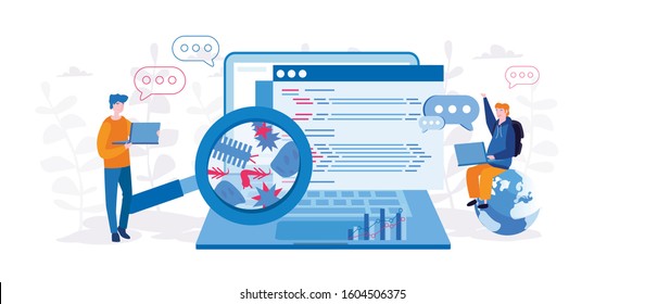 Website programming and coding. Testing manual automation, Bug fixing. Web development, software testing metaphors.  Vector illustration for web banner, infographics, mobile. 