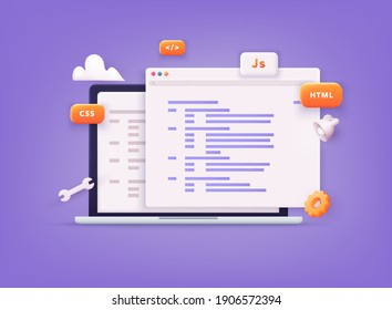 Website programming and coding. Web development and coding. 3D Vector Illustrations. - Shutterstock ID 1906572394