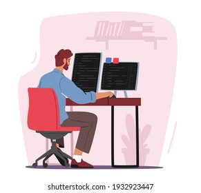 Website Programming Concept. Programmer or Designer Male Character Working on Computer and Tablet Pc Coding, Creating New Website, Software or Application, Web Development. Cartoon Vector Illustration