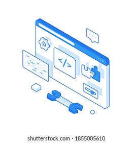 Website programming and debugging isometric illustration. Writing coded software with further testing. Entering necessary data and connecting necessary parts code with optimization vector concept.