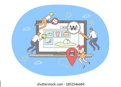 Website, programming, social media marketing, development concept. Team of men women programmers coding developing internet design homepage shopping site. IT network project teamwork smm illustration.