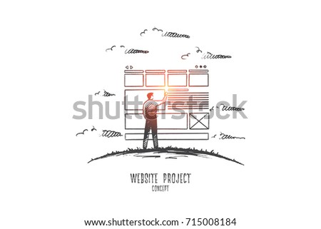 Website project concept. Hand drawn man developing website. Web programming isolated vector illustration.