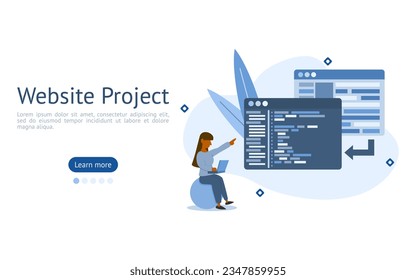 Website Project illustration. characters are looking at back end and coding in website project development. website development concept.