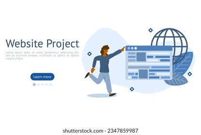 Website Project illustration. characters are looking at upload website to global in website project development. website development concept.