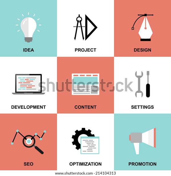 Website project process icons:idea, design,\
development, content settings, SEO, optimization and promotion.\
Modern flat design\
vector