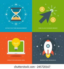 Website Promotion Banners Templates And Flat Icons Design. Time Management, Click To Make Money, Creative Business Idea, Marketing Research. Vector Illustrations Set. 