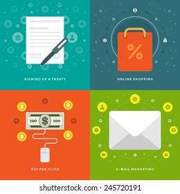 Website Promotion Banners Templates and Flat Icons Design. Signing of a treaty, On-line Shopping, Pay per click, E-mail marketing. Vector Illustrations set. 