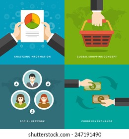 Website Promotion Banners Templates and Flat Icons Design. Analyzing information, Global Shopping, Social network, Currency exchange. Vector Illustrations set. 