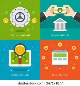 Website Promotion Banners Templates and Flat Icons Design. Financial insurance, Support, Investment search, On-line campaign. Vector Illustrations set. 