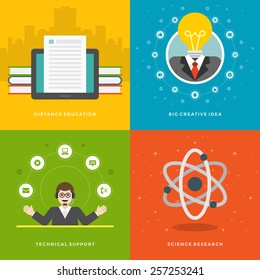 Website Promotion Banners Templates and Flat Icons Design. Distance education, Creative idea, Technical support, Science research. Vector Illustrations set. 