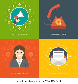 Website Promotion Banners Templates and Flat Icons Design. Digital marketing, Customer support, On-line education, E-mail marketing. Vector Illustrations set. 