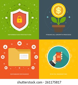 Website Promotion Banners Templates and Flat Icons Design. Information protection, Financial growth, Database exchange, Digital marketing. Vector Illustrations set. 