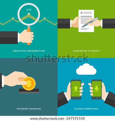 Website Promotion Banners Templates and Flat Icons Design. Signing of a treaty, Analytics information, Internet Banking, Cloud computing. Vector Illustrations set. 