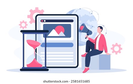 Website promotion concept. Man with loudspeaker near smartphone with open article. SMM specialist and marketer promotes content on social networks. Advertising strategy. Flat vector illustration
