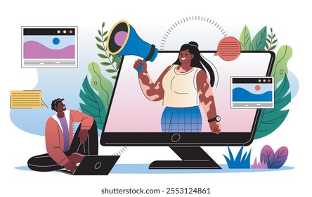Website promotion concept. Woman with loudspeaker at computer screen. Advertising on internet. SEO and SMM specialist, marketer. Flat vector illustration isolated on white background