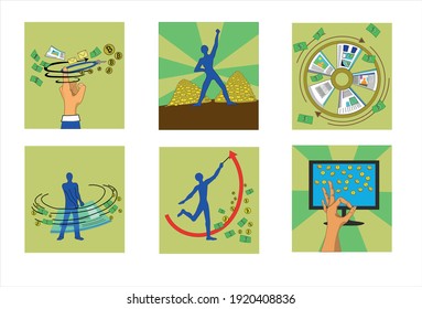 Website promotion. Illustrations on the topic of site promotion. Hands and Bitcoin. Flowing coins are shown on the monitor. Man and mountains of gold coins. Financial growth. Blog promotion