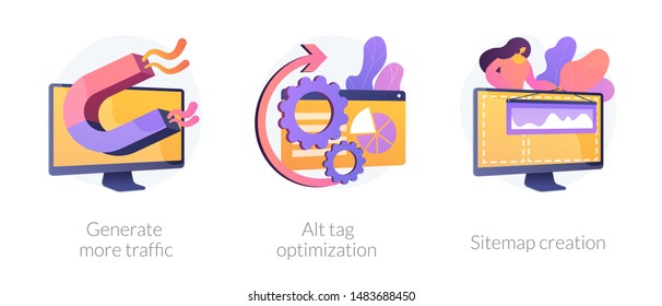 Website promotion services icons set. Search engine optimization business. Generate more traffic, alt tag optimization, sitemap creation metaphors. Vector isolated concept metaphor illustrations.