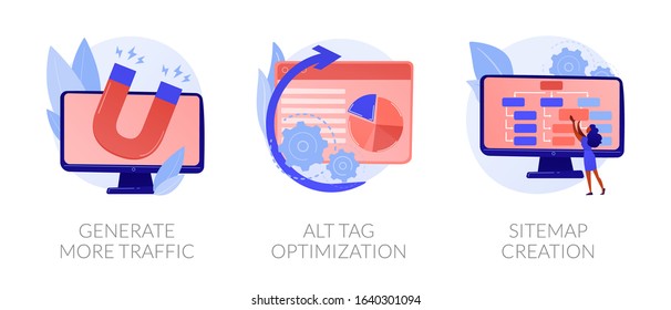 Website promotion services icons set. Search engine optimization business. Generate more traffic, alt tag optimization, sitemap creation metaphors. Vector isolated concept metaphor illustrations.