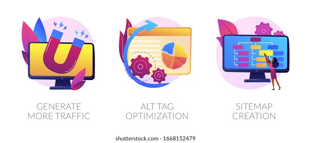 Website promotion services icons set. Search engine optimization business. Generate more traffic, alt tag optimization, sitemap creation metaphors. Vector isolated concept metaphor illustrations.