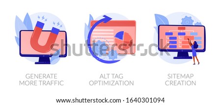 Website promotion services icons set. Search engine optimization business. Generate more traffic, alt tag optimization, sitemap creation metaphors. Vector isolated concept metaphor illustrations.