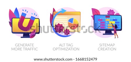 Website promotion services icons set. Search engine optimization business. Generate more traffic, alt tag optimization, sitemap creation metaphors. Vector isolated concept metaphor illustrations.