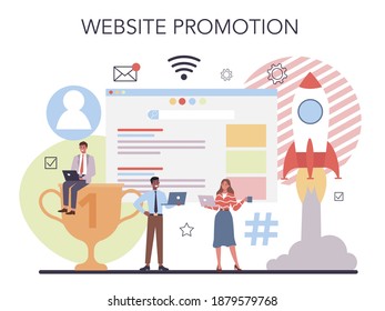 Juego de promoción de sitios web. Atención al cliente y comunicación comercial. Estrategia de marketing y publicidad. Optimización de motores de búsqueda para sitios web y medios sociales. Ilustración plana del vector