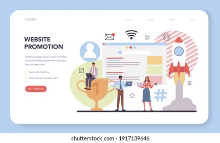 Website promotion web banner or landing page. Customer attention and business communication. Marketing and advertising strategy. Search engine optimization. Vector flat illustration