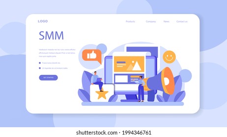 Website promotion web banner or landing page. Online business promotion with a commercial campaign. Product digital advertising, social media marketing. Isolated flat vector illustration