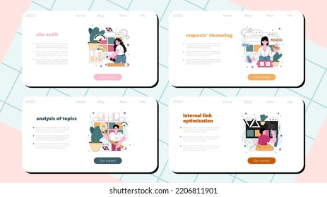 Website promotion web banner or landing page set. Online business promotion, website audit and optimization, content improvement for exposure increase. Flat vector illustration