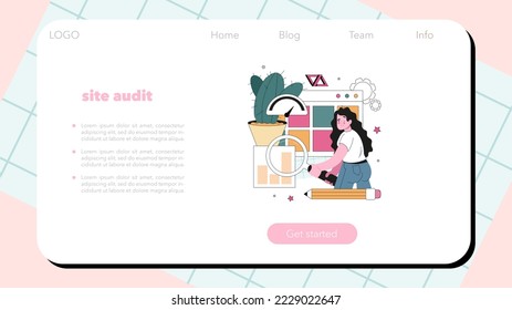 Website promotion web banner or landing page. Online business promotion, website audit and optimization, content improvement for exposure increase. Flat vector illustration