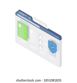 Ilustración vectorial isométrica de protección de sitios web. Tecnología segura de contraseñas de información en línea con antivirus shield. Privacidad de los usuarios privados con conexión encriptada de software moderno.