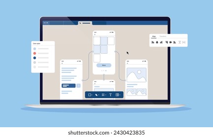 Website prototype and wireframes - Laptop computer screen with web page development and design sketch software. Flat design vector illustration in front view