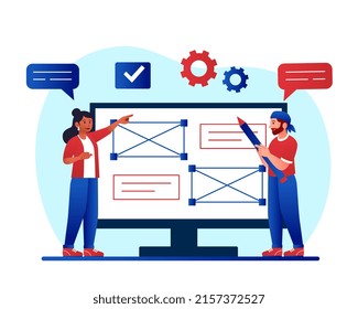 Website prototyping concept. Man and girl create template or page layout. Programmers and designers work together, colleagues and coworking. Pictures and code. Cartoon flat vector illustration