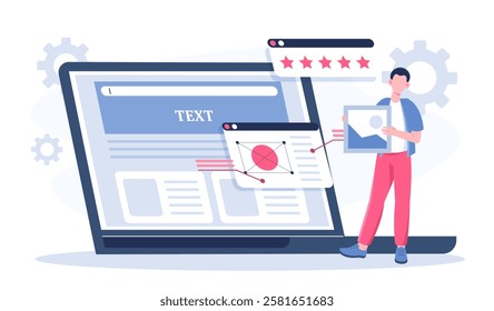 Website prototyping concept. Man near huge laptop develops design elements for web pages. Graphic designer and freelancer. Back end or front end developer. Flat vector illustration