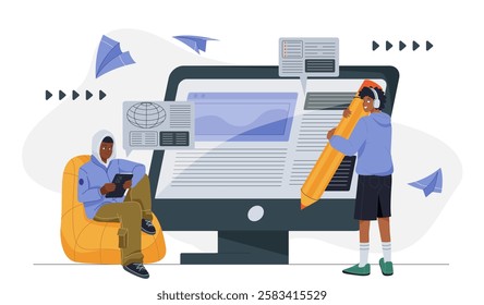 Website prototyping concept. Man and woman with pencil developing graphic elements for webpage. UI and UX design. Graphic designers and digital artists. Flat vector illustration