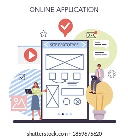 Website Prototyping Online-Service oder Plattform. Webseitenmodellierung, Schnittstellenentwicklung. Online-Anwendung. Einzelne flache Vektorgrafik