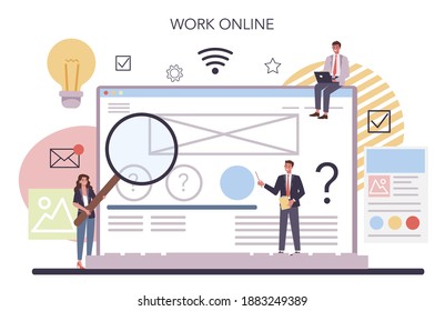 Website prototyping online service or platform. Web page modeling, interface development. Online work. Isolated flat vector illustration