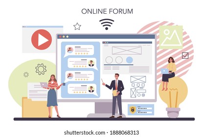 Website Prototyping Online-Service oder Plattform. Webseitenmodellierung, Schnittstellenentwicklung. Online-Forum. Einzelne flache Vektorgrafik