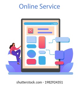 Website prototyping online service or platform. Web page modeling, interface development. Brainstorming and creative idea. Isolated flat vector illustration