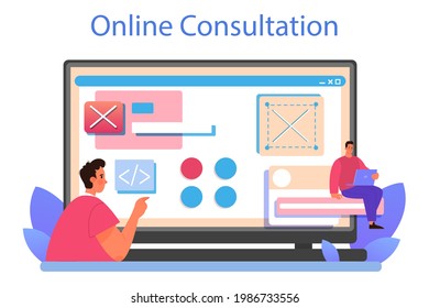 Website prototyping online service or platform. Web page modeling, interface development. Brainstorming and creative idea. Online consultation. Isolated flat vector illustration