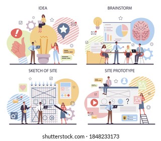 Website prototyping set. Web page modeling, interface development. Brainstorming and creative idea concept. Isolated flat vector illustration