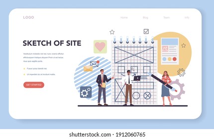 Website prototyping web banner or landing page. Web page modeling, interface development. Brainstorming and creative idea concept. Isolated flat vector illustration