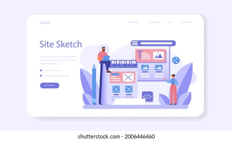 Website prototyping web banner or landing page. Web page modeling, interface development. Brainstorming and creative idea concept. Isolated flat vector illustration