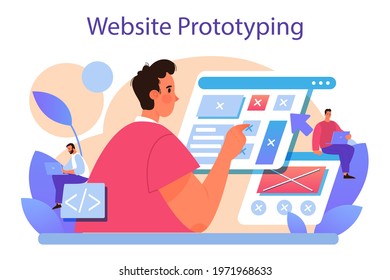 Website prototyping. Web page modeling, interface development. Brainstorming and creative idea concept. Isolated flat vector illustration